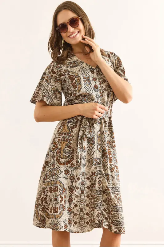 Women's Ethnic Brown V Neck Belted Woven Mini Shirt Dress ELB-19002380-Ethnic Brown - 3