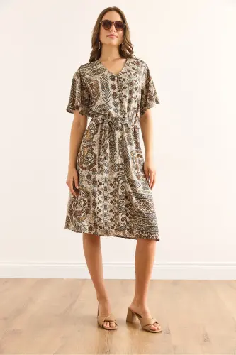 Women's Ethnic Brown V Neck Belted Woven Mini Shirt Dress ELB-19002380-Ethnic Brown - 4