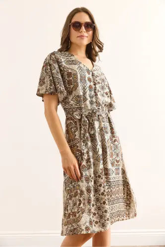 Women's Ethnic Brown V Neck Belted Woven Mini Shirt Dress ELB-19002380-Ethnic Brown - 5