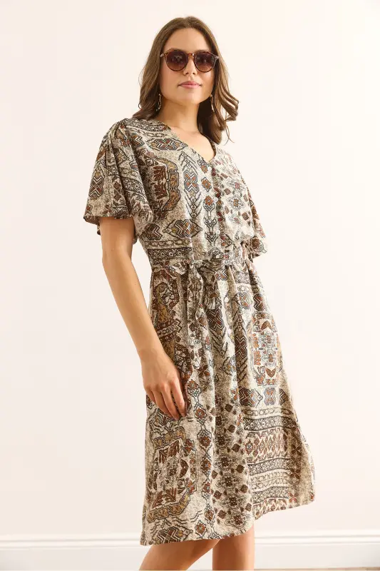 Women's Ethnic Brown V Neck Belted Woven Mini Shirt Dress ELB-19002380-Ethnic Brown - 5