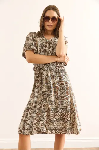 Women's Ethnic Brown V Neck Belted Woven Mini Shirt Dress ELB-19002380-Ethnic Brown - 6