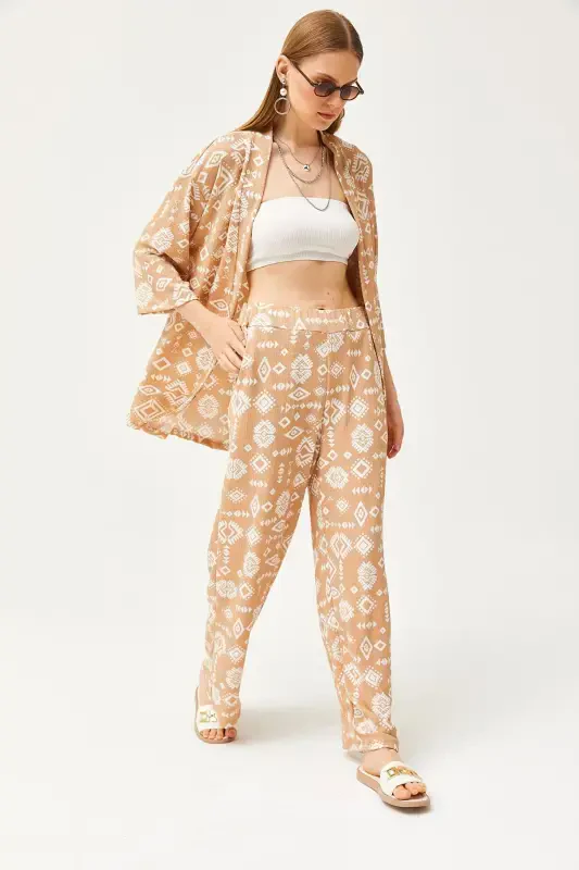 Women's Ethnic Camel Top Kimono Bottom Pocketed Pants Tr - 2