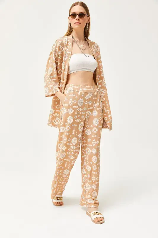 Women's Ethnic Camel Top Kimono Bottom Pocketed Pants Tr - 3