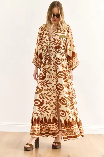 Women's Ethnic Coffee Crossover Collar Giped Waist Maxi D - 1