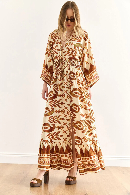 Women's Ethnic Coffee Crossover Collar Giped Waist Maxi D - 1