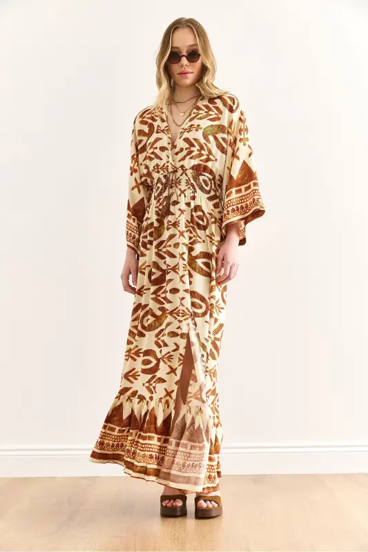 Women's Ethnic Coffee Crossover Collar Giped Waist Maxi D - 2