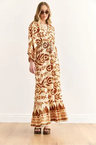 Women's Ethnic Coffee Crossover Collar Giped Waist Maxi D - 3