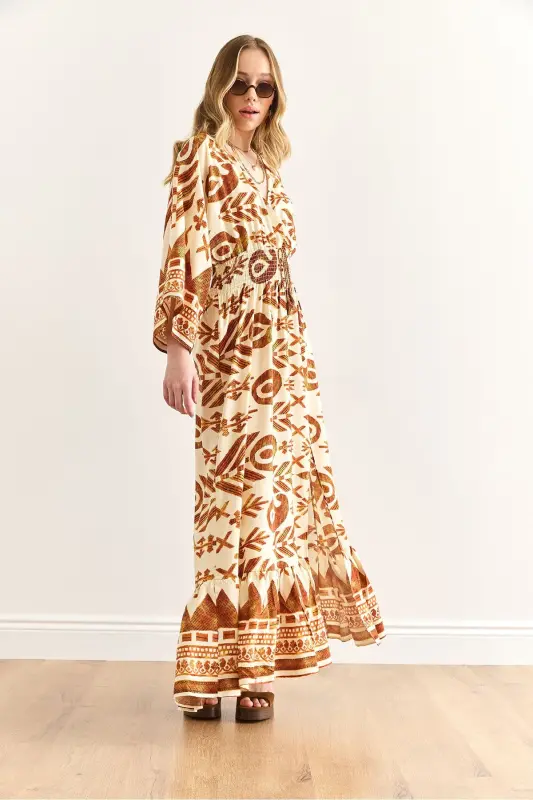 Women's Ethnic Coffee Crossover Collar Giped Waist Maxi D - 4