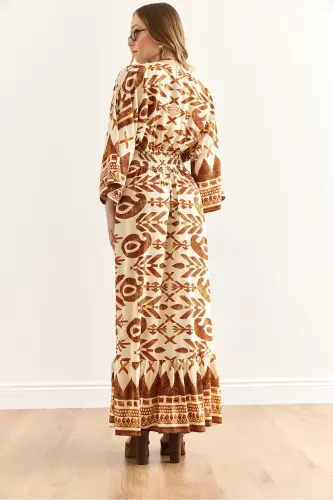 Women's Ethnic Coffee Crossover Collar Giped Waist Maxi D - 7