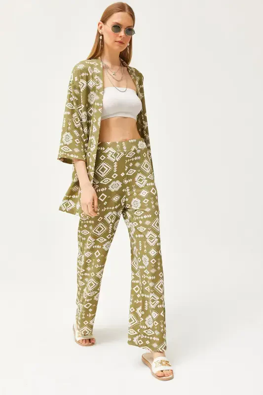 Women's Ethnic Khaki Top Kimono Bottom Pocketed Pants Suit - 1