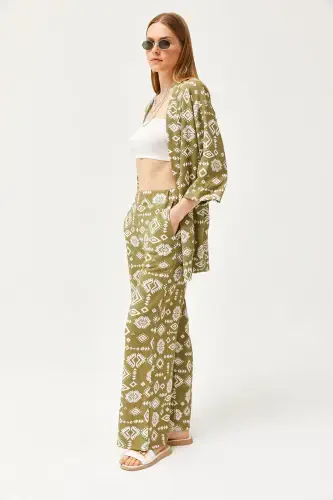Women's Ethnic Khaki Top Kimono Bottom Pocketed Pants Suit - 2