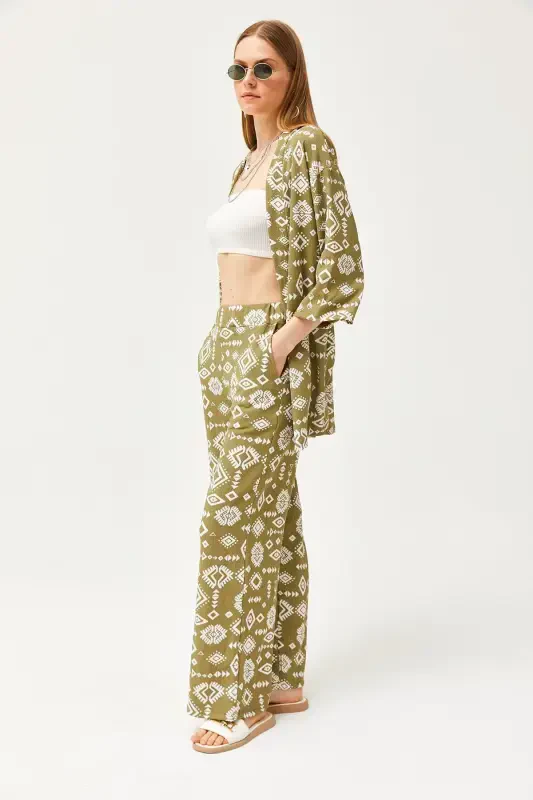Women's Ethnic Khaki Top Kimono Bottom Pocketed Pants Suit - 2