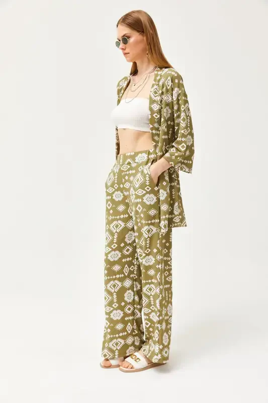 Women's Ethnic Khaki Top Kimono Bottom Pocketed Pants Suit - 3