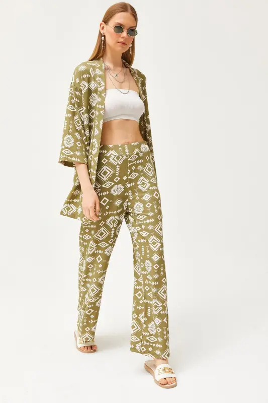 Women's Ethnic Khaki Top Kimono Bottom Pocketed Pants Suit - 1