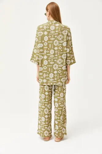 Women's Ethnic Khaki Top Kimono Bottom Pocketed Pants Suit - 4
