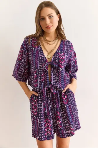 Women's Ethnic Purple Top Blouse Bottom Pocket Shorts Woven Vis 