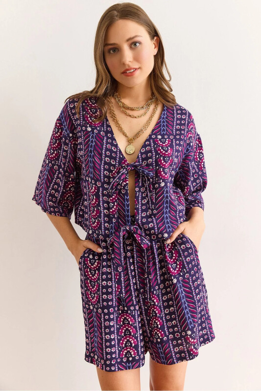 Women's Ethnic Purple Top Blouse Bottom Pocket Shorts Woven Vis - 1