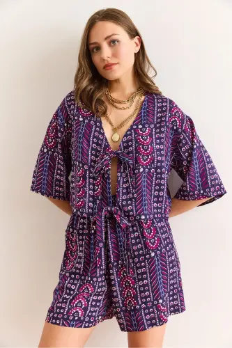 Women's Ethnic Purple Top Blouse Bottom Pocket Shorts Woven Vis - OLALOOK (1)