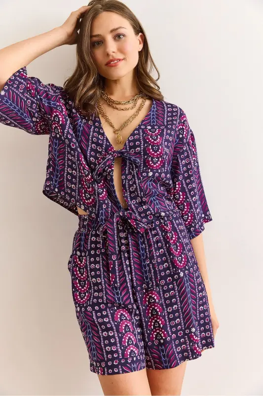 Women's Ethnic Purple Top Blouse Bottom Pocket Shorts Woven Vis - 3