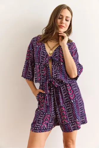 Women's Ethnic Purple Top Blouse Bottom Pocket Shorts Woven Vis - 5