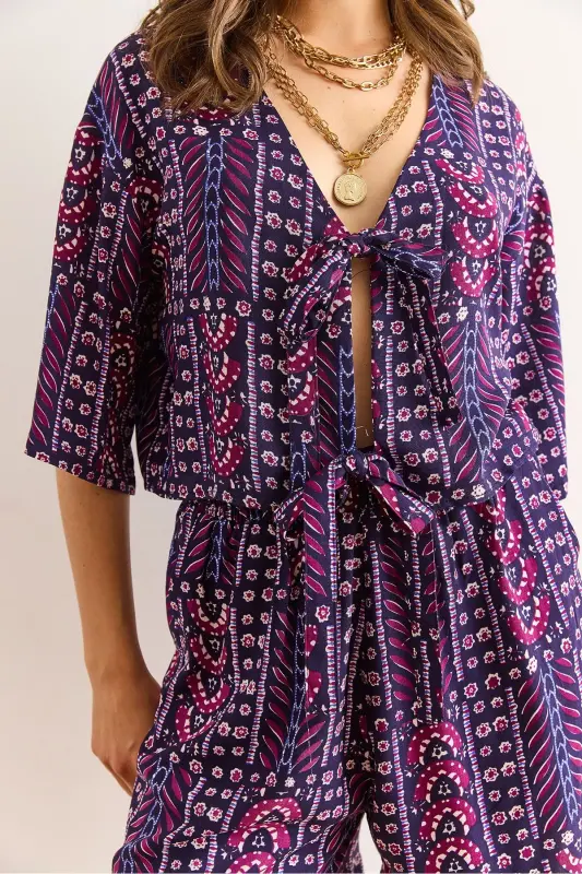 Women's Ethnic Purple Top Blouse Bottom Pocket Shorts Woven Vis - 6