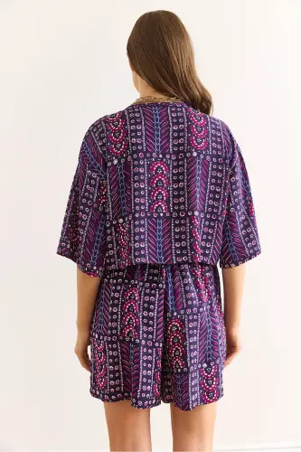 Women's Ethnic Purple Top Blouse Bottom Pocket Shorts Woven Vis - 7