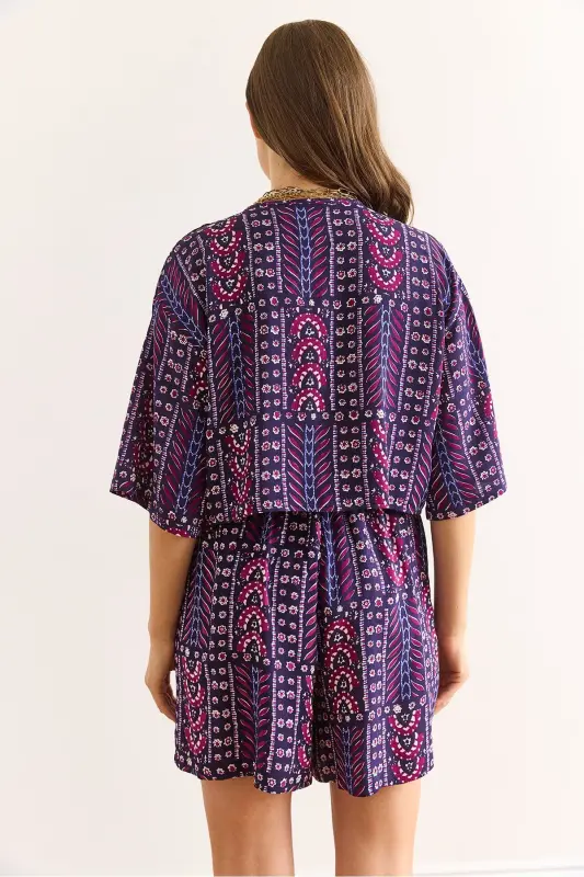 Women's Ethnic Purple Top Blouse Bottom Pocket Shorts Woven Vis - 7