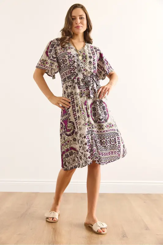 Women's Ethnic Purple V Neck Belted Woven Mini Shirt Dress ELB-19002380-Ethnic Purple - 1