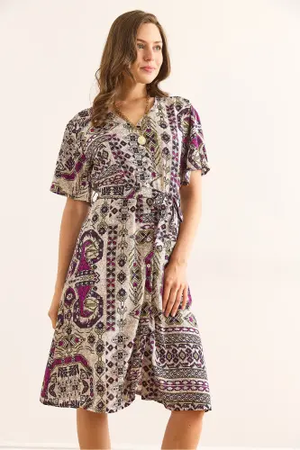 Women's Ethnic Purple V Neck Belted Woven Mini Shirt Dress ELB-19002380-Ethnic Purple - OLALOOK (1)