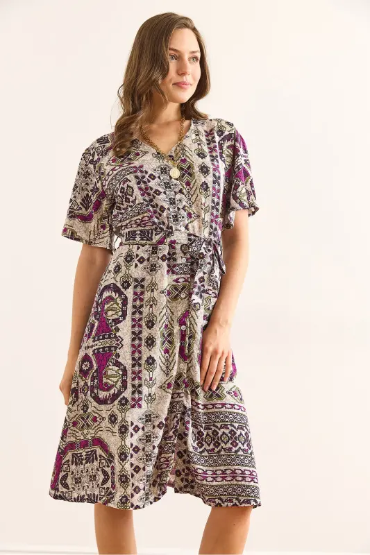 Women's Ethnic Purple V Neck Belted Woven Mini Shirt Dress ELB-19002380-Ethnic Purple - 2