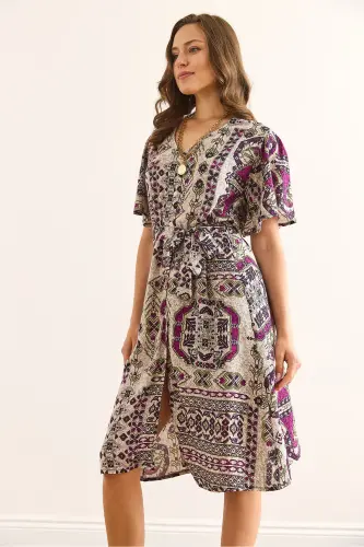 Women's Ethnic Purple V Neck Belted Woven Mini Shirt Dress ELB-19002380-Ethnic Purple - 3