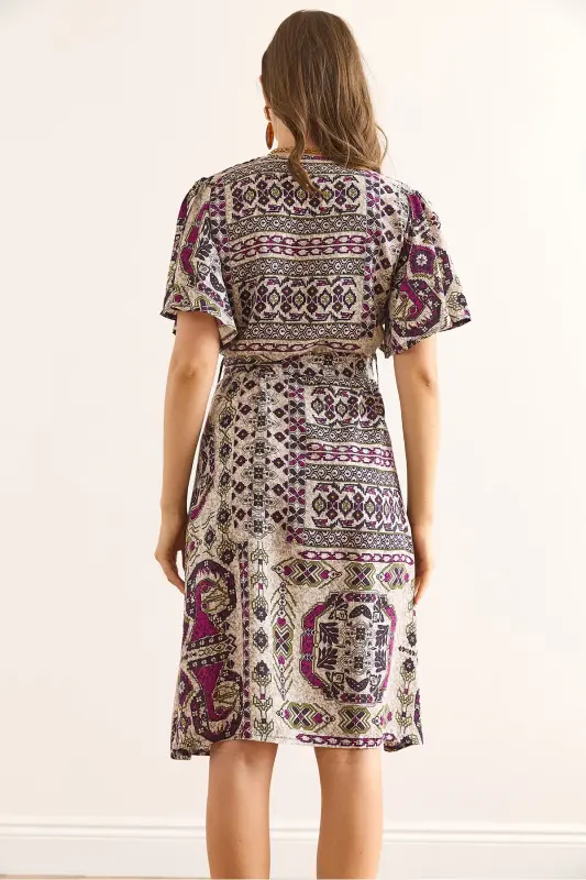 Women's Ethnic Purple V Neck Belted Woven Mini Shirt Dress ELB-19002380-Ethnic Purple - 4