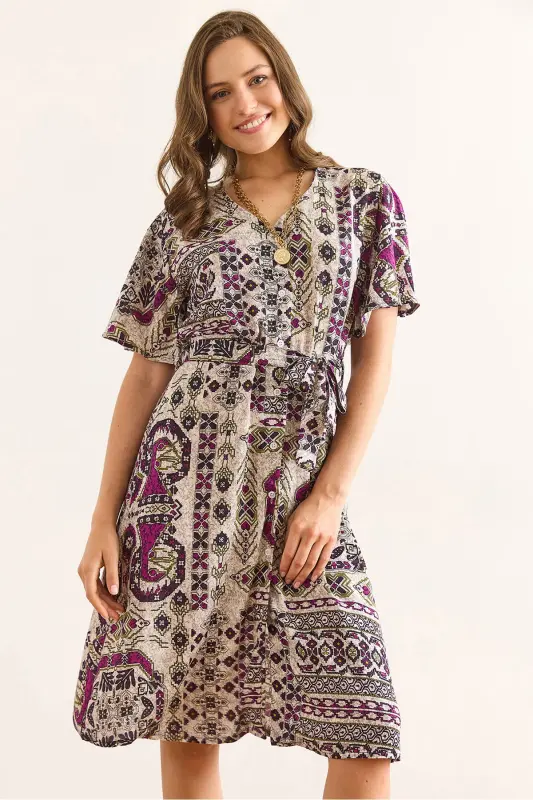 Women's Ethnic Purple V Neck Belted Woven Mini Shirt Dress ELB-19002380-Ethnic Purple - 5