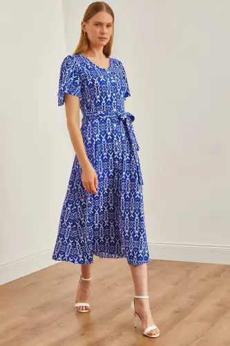 Women's Ethnic Sax Blue V-Neck Belted Knitted Dress ELB-19002048-Ethnic Sax Blue 