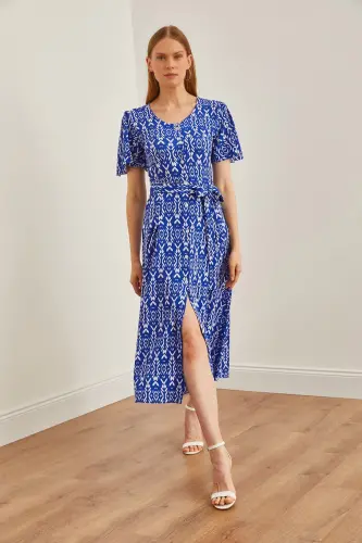 Women's Ethnic Sax Blue V-Neck Belted Knitted Dress ELB-19002048-Ethnic Sax Blue - OLALOOK (1)