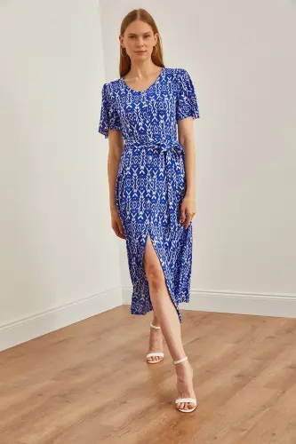Women's Ethnic Sax Blue V-Neck Belted Knitted Dress ELB-19002048-Ethnic Sax Blue - 3