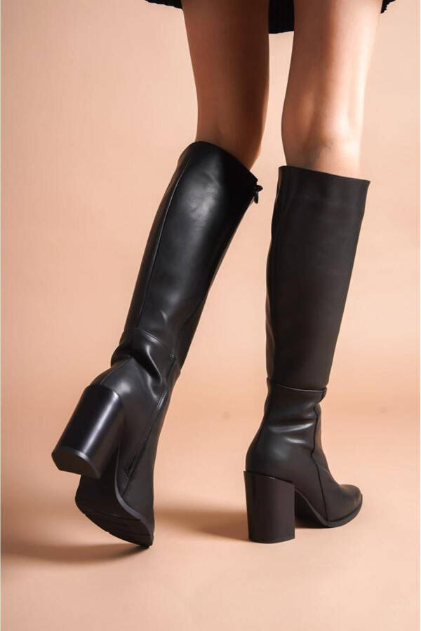 Women's everyday boots, black knee-high chunky heeled boots. - 5