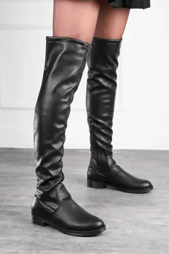 Women's everyday boots, knee-high black faux leather, stretch socks, zippered, low heel, women's boots. - 3