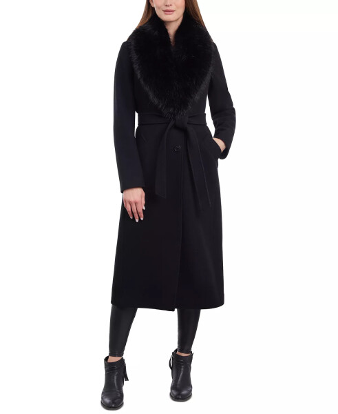 Women's Faux-Fur-Collar Belted Coat Black - 1