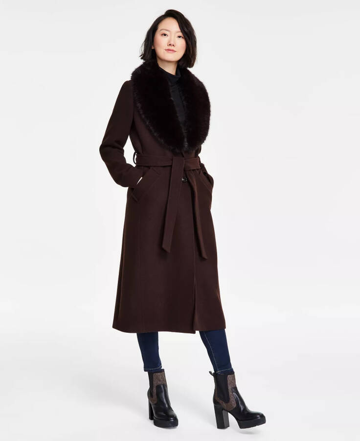 Women's Faux-Fur-Collar Belted Coat Chocolate - 1