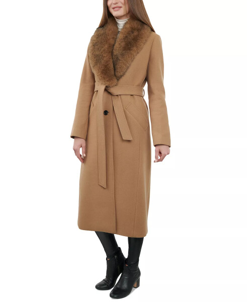 Women's Faux-Fur-Collar Belted Coat Dark Camel - 1