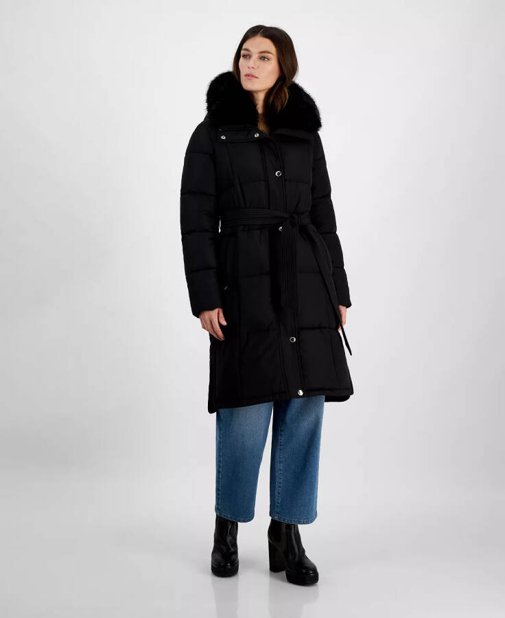 Women's Faux-Fur-Collar Belted Puffer Coat, Created for Modazone Black - 1