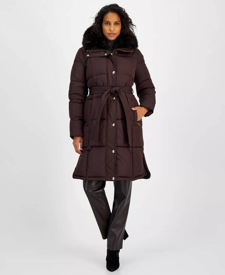 Women's Faux-Fur-Collar Belted Puffer Coat, Created for Modazone Chocolate - 1