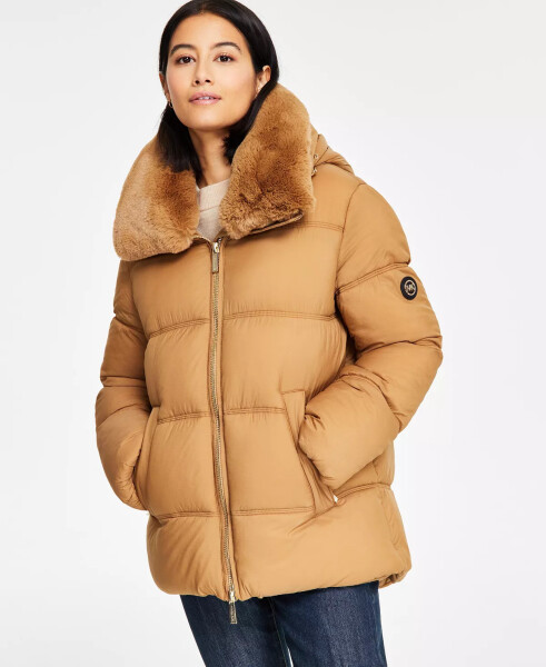 Women's Faux-Fur-Collar Hooded Puffer Coat, Created for Modazone Dark Camel - 1