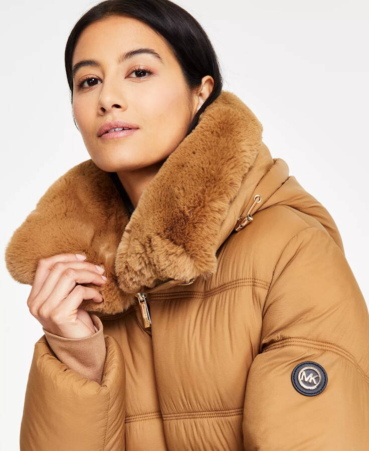 Women's Faux-Fur-Collar Hooded Puffer Coat, Created for Modazone Dark Camel - 3