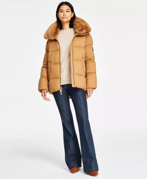 Women's Faux-Fur-Collar Hooded Puffer Coat, Created for Modazone Dark Camel - 4