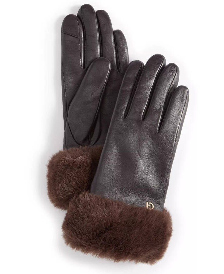 Women's Faux-Fur-Cuff Leather Gloves Brown - 1