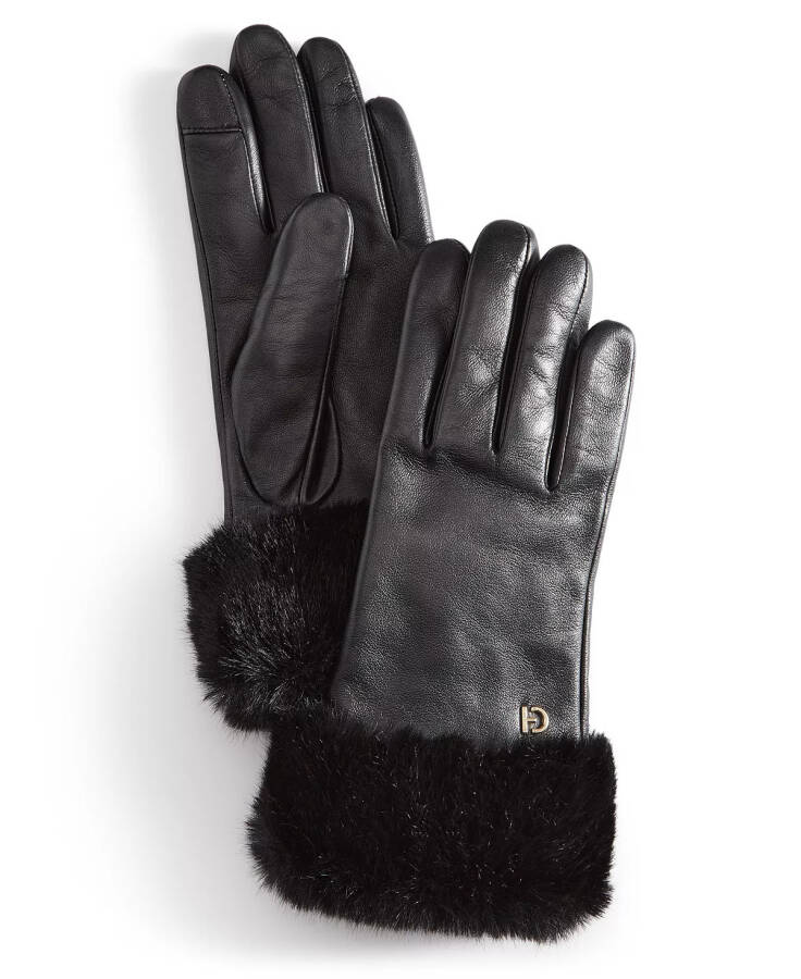 Women's Faux-Fur-Cuff Leather Gloves Caviar - 1