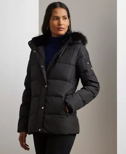 Women's Faux-Fur Hooded Puffer Coat-Black - 1