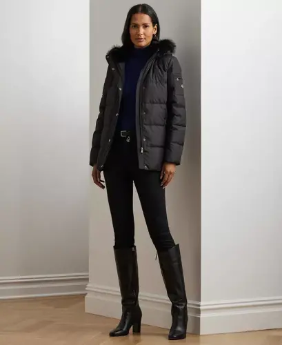 Women's Faux-Fur Hooded Puffer Coat-Black - 5
